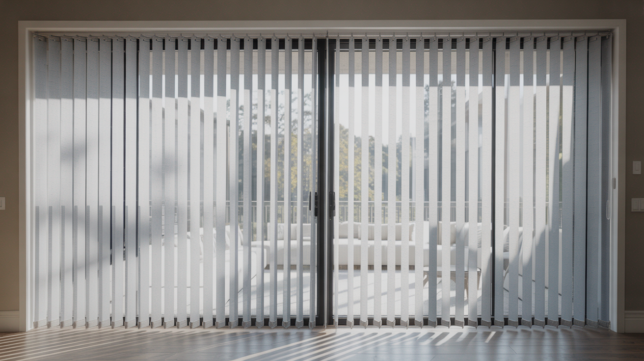 "Fully closed vertical blinds with aligned vanes providing maximum privacy and light control on a large window."