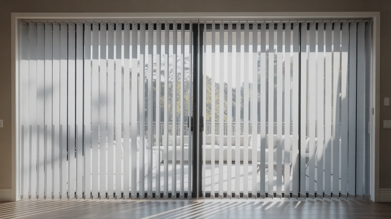 "Fully closed vertical blinds with aligned vanes providing maximum privacy and light control on a large window."