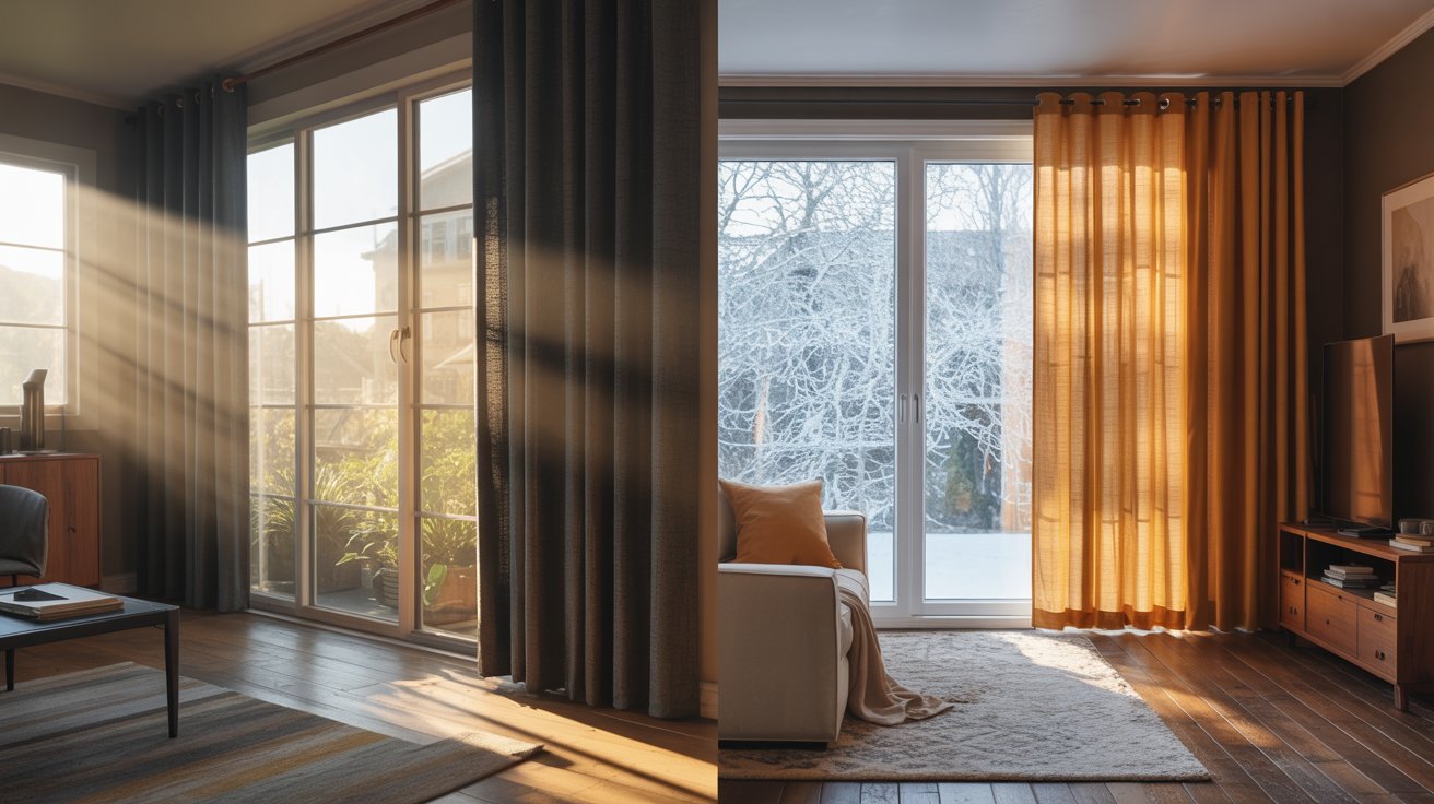 "Blackout curtains helping regulate indoor temperature by blocking summer heat and insulating against winter cold."