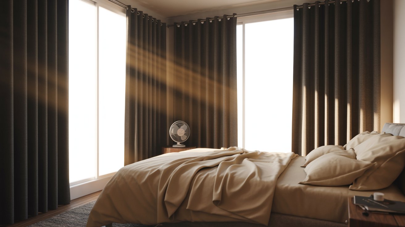 "Modern bedroom with blackout curtains blocking harsh summer sunlight to keep the room cooler indoors."