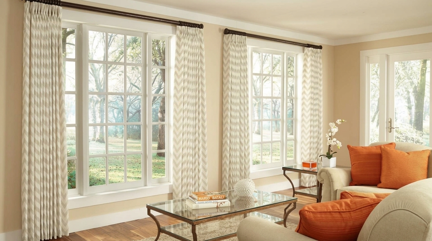 Two sets of double windows dressed with beige and white chevron pinch-pleat curtains hung from dark wood rods.