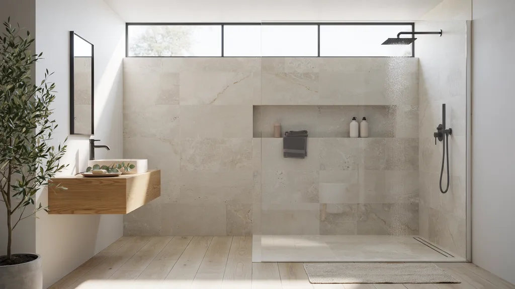 "Modern walk-in shower with a high window above splash zone providing natural light and ventilation in a sleek bathroom design"