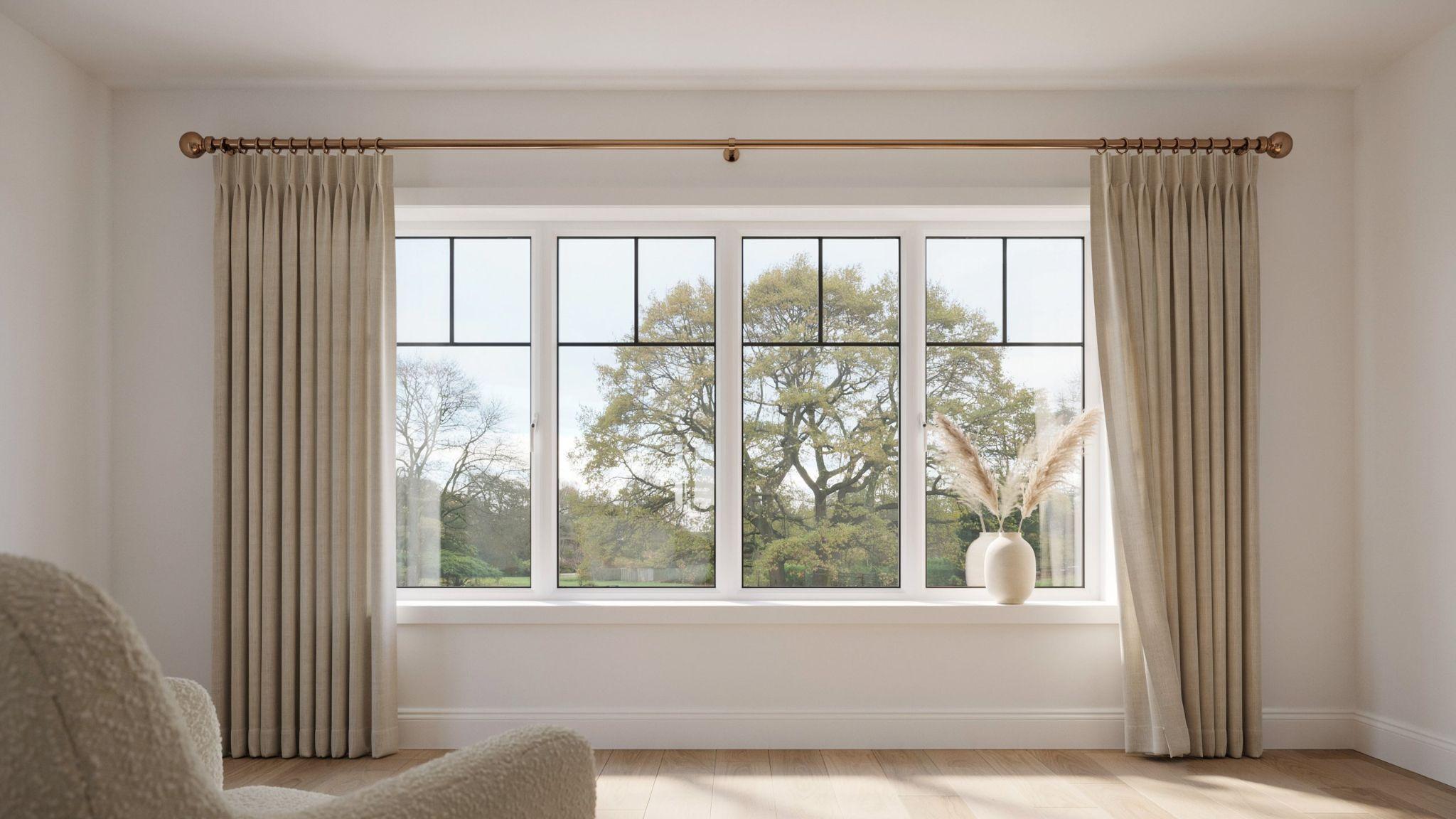 Stylish decorative curtain rod with elegant curtains in warm modern interior setting design