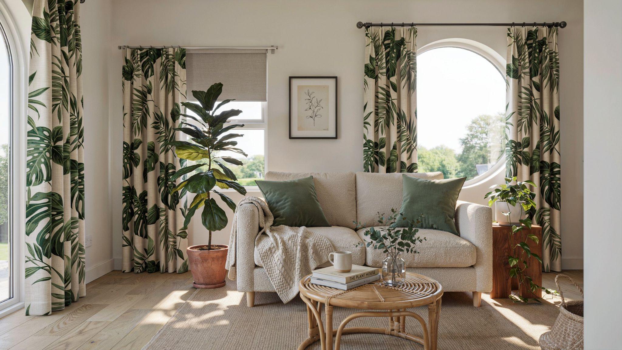Botanical print curtains paired with neutral blinds.