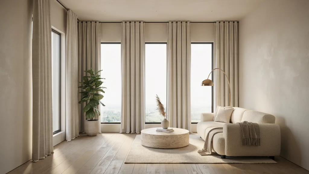 Ripple fold curtains creating smooth waves across three realistic windows.
