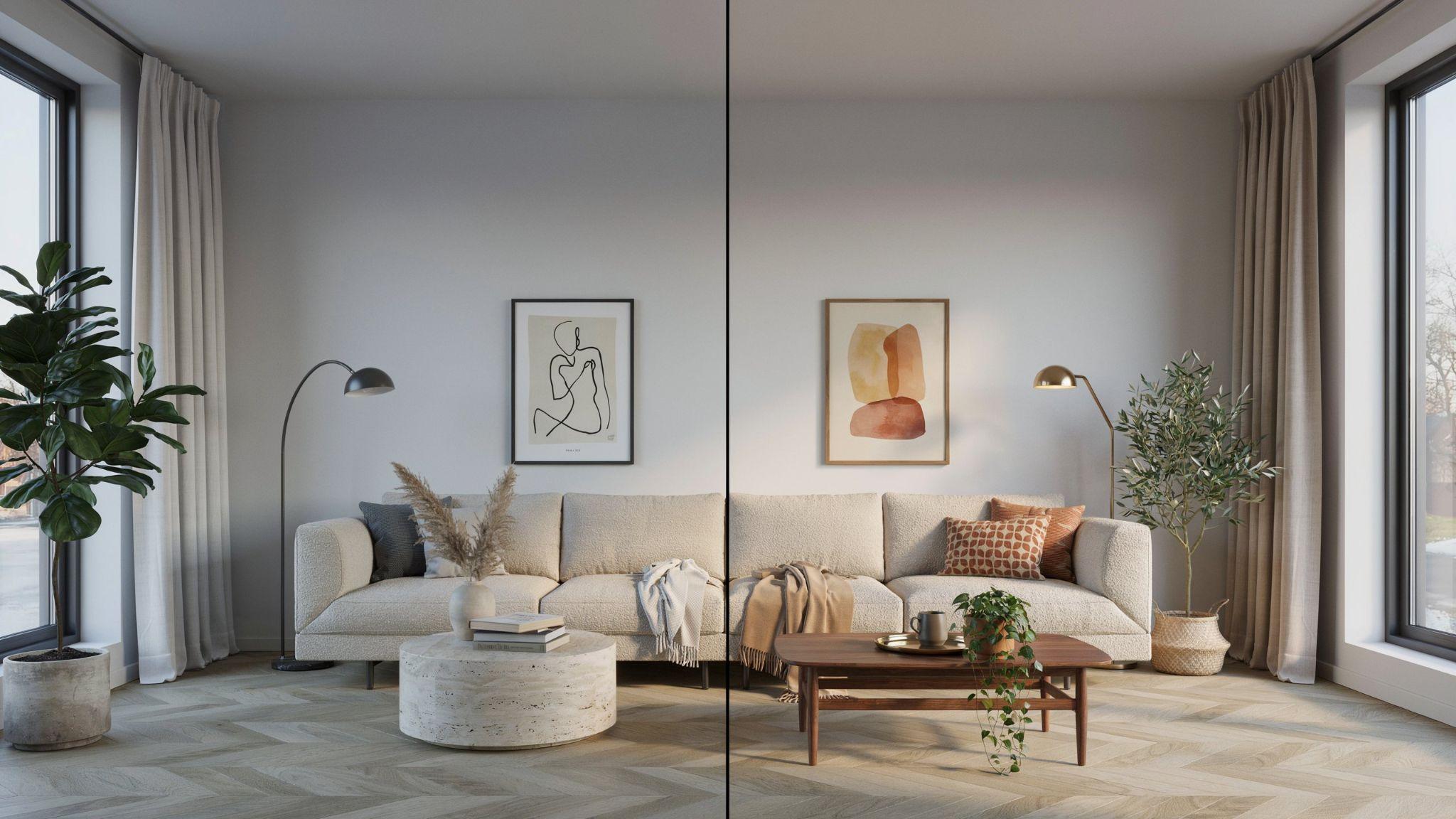 "Split-view modern living room showing cool and warm gray wall undertones with matching curtain colors and natural lighting contrast"