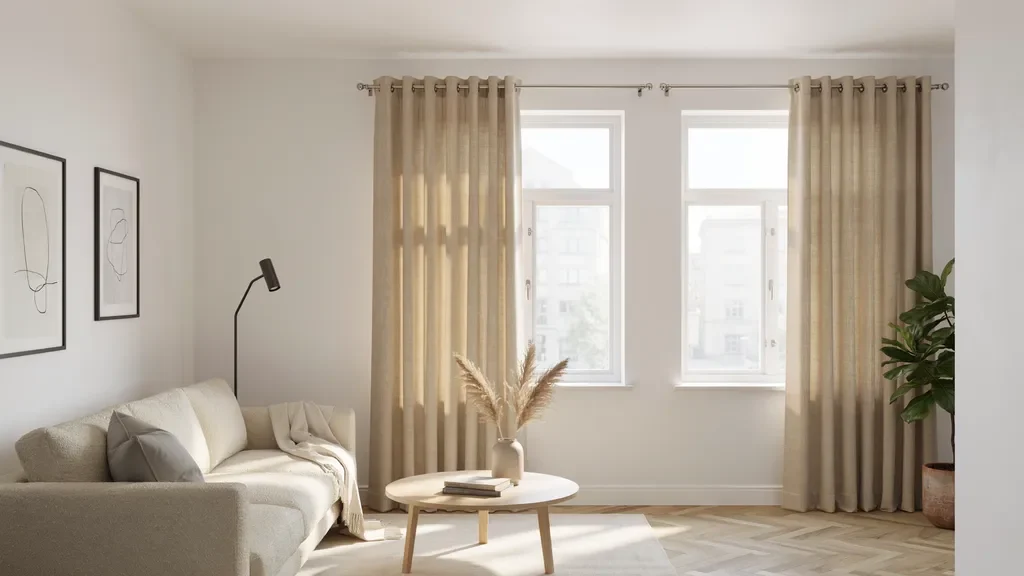 "Modern living room showing high curtain rod placement versus standard placement on 8-foot ceilings to illustrate improved height and window proportion."