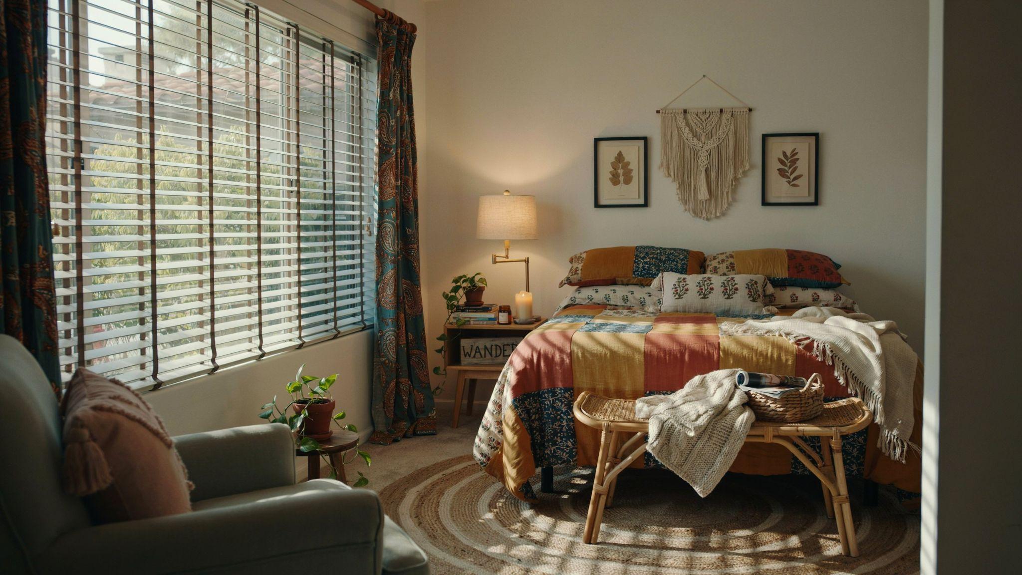Patterned curtains paired with simple white blinds.