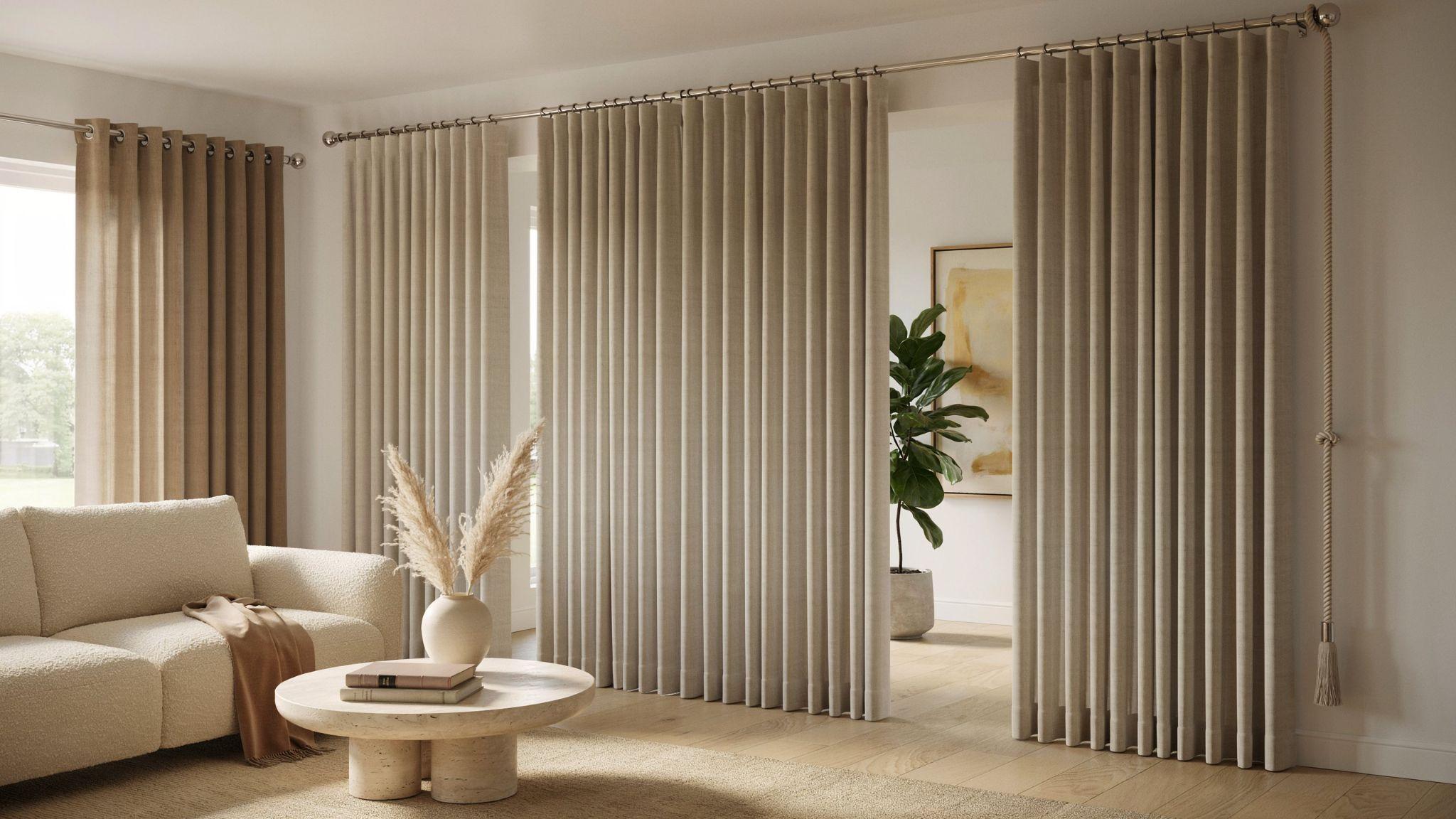 Pull string curtain system with pleated drapes and cord-operated track hardware displayed