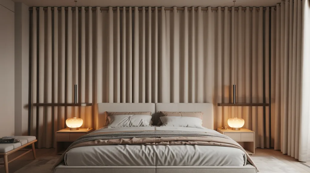 Modern bedroom with curtains behind the bed creating a warm, textured, and elevated feature wall design.