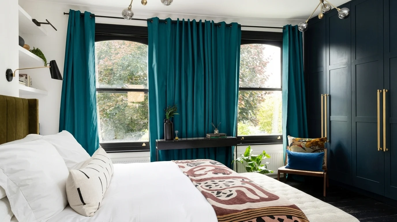 Black curtain rod installed just below the ceiling line above tall windows.