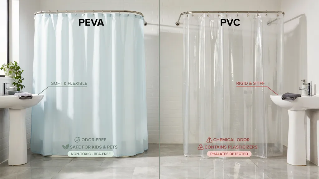side by side comparison of PEVA and PVC shower curtains showing differences in texture safety and smell in modern bathrooms.