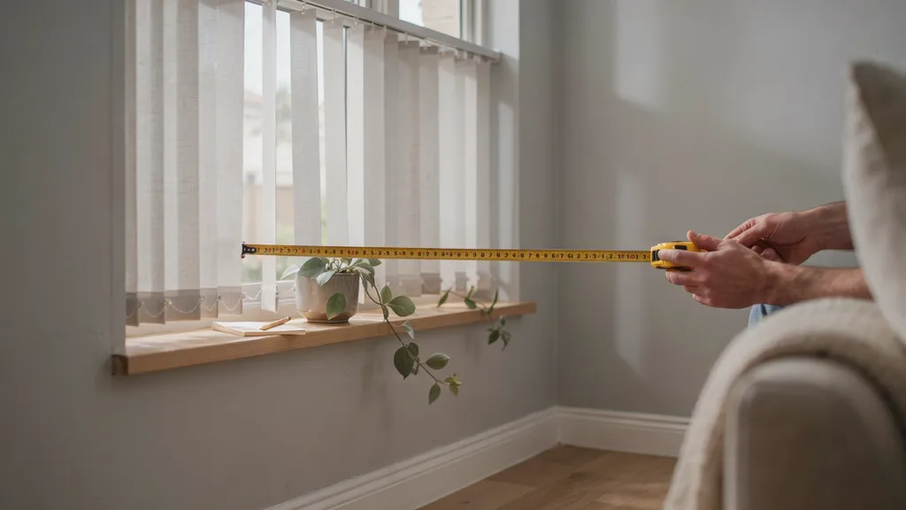 Measuring window depth and vertical blinds before installing curtains.