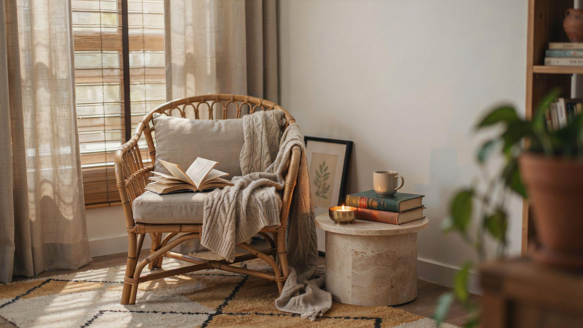Textured curtains paired with bamboo blinds.