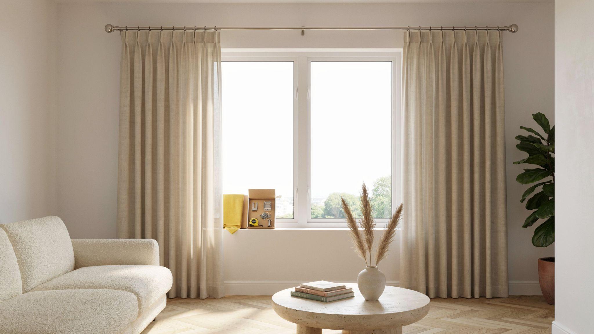 Properly sized curtain rods extending beyond the window frame in an classy living room.