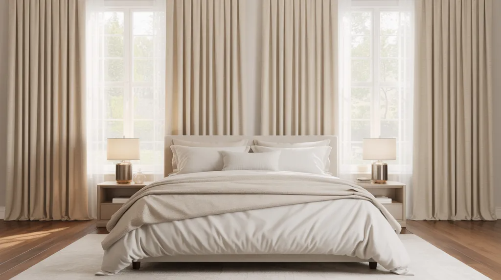 Symmetrical curtain panels framing a bed in a balanced bedroom layout.