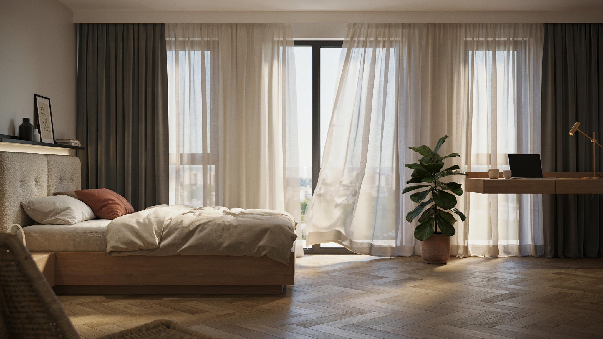 Three windows styled with sheer curtains and blackout panels, providing both natural light and privacy.