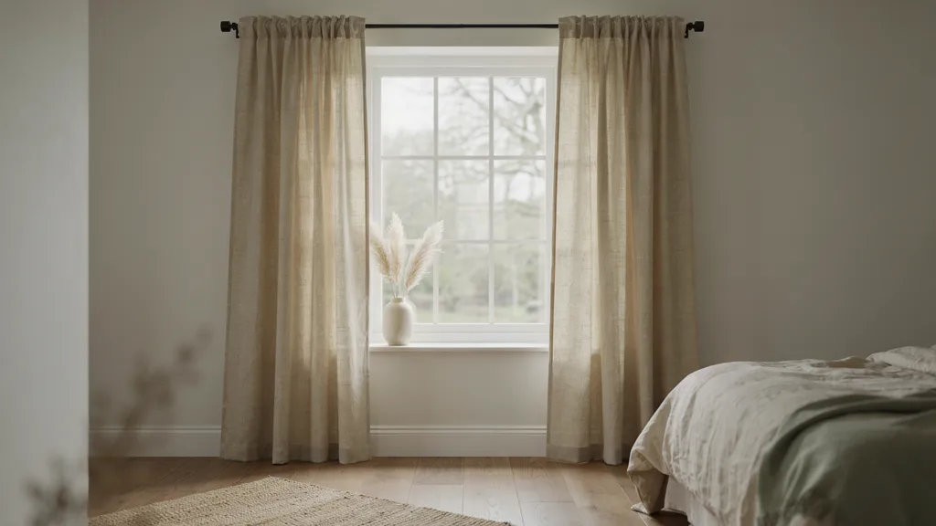 Rod pocket curtains with soft gathered fabric hanging casually on a bedroom window.