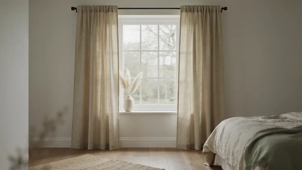 Rod pocket curtains with soft gathered fabric hanging casually on a bedroom window.