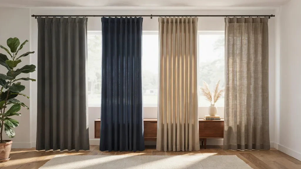 Different types of blackout curtains including foam-backed, thermal, and triple-weave fabrics.