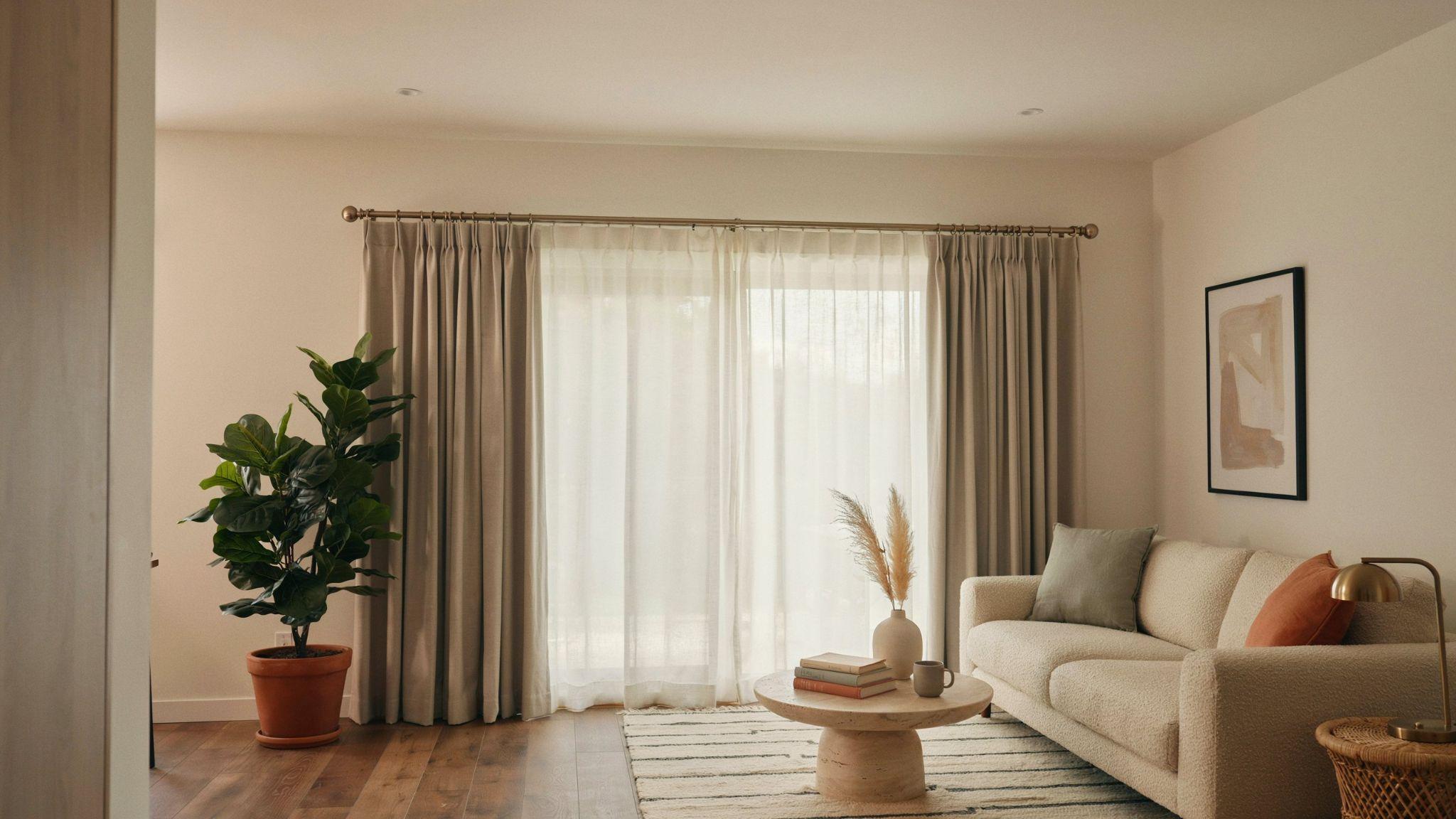 Layered sheer and blackout curtains hung on a single rod in modern living room
