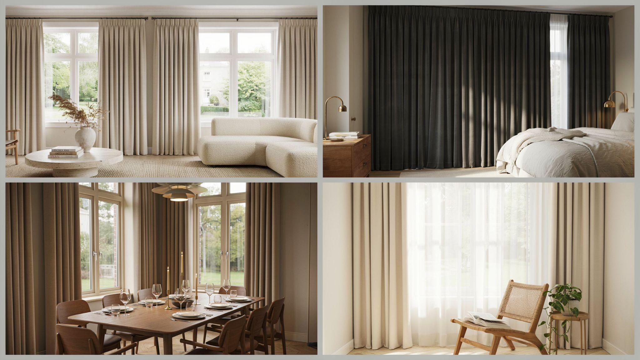 Back tab curtains used in living room, bedroom, dining room, and layered window designs