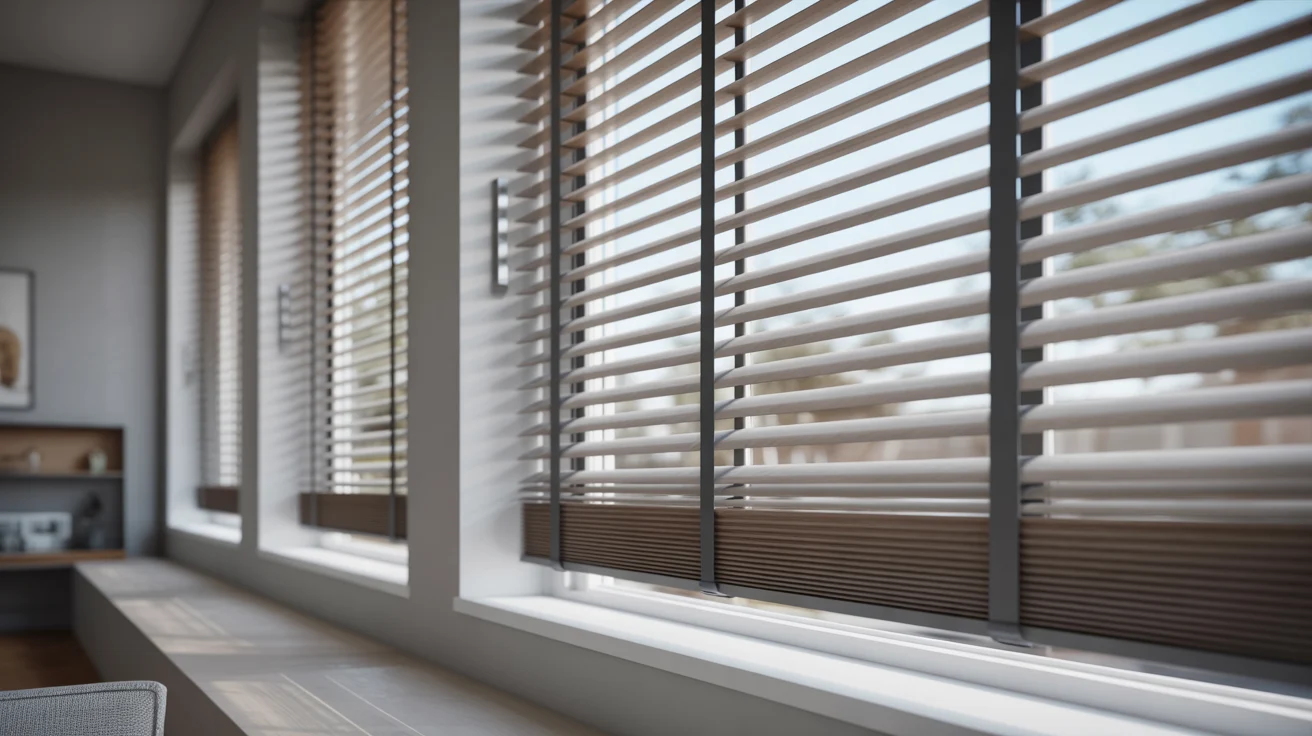"Cordless blinds fully lowered over a window, showing proper positioning for privacy and light control."