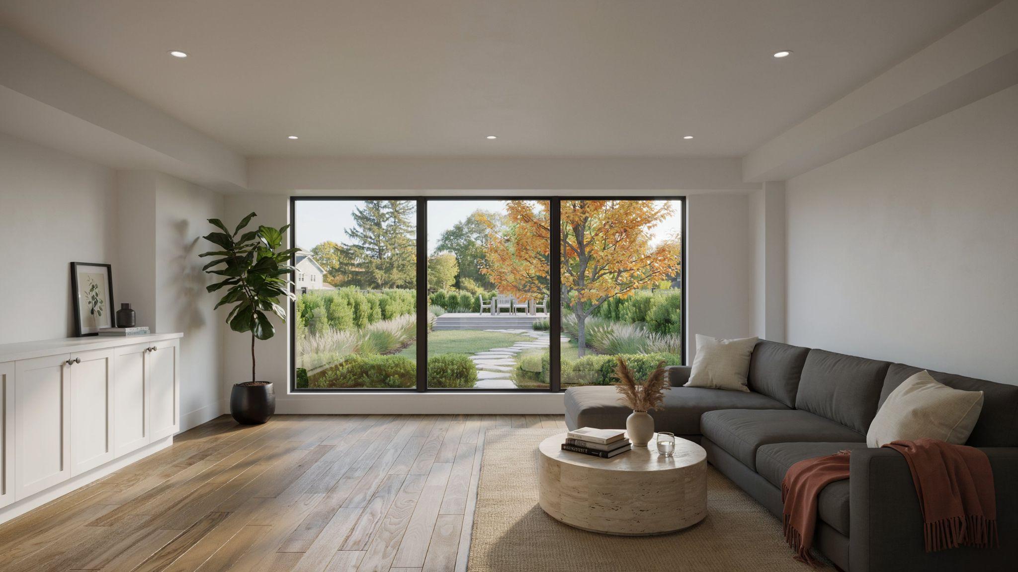 Daylight basement windows bringing abundant natural light into living space.