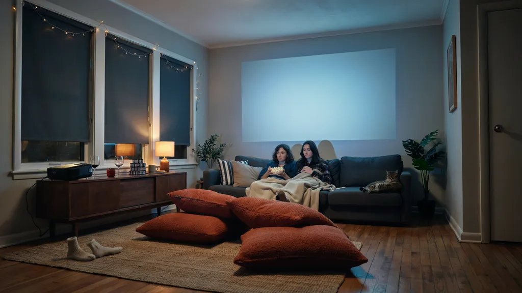 Blackout blinds in a living room media space