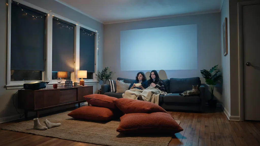 Blackout blinds in a living room media space