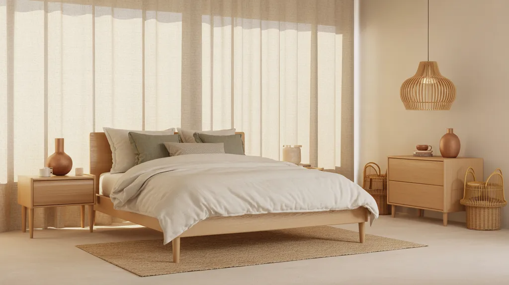 Minimal bedroom with linen curtains giving a natural organic feel behind the bed.