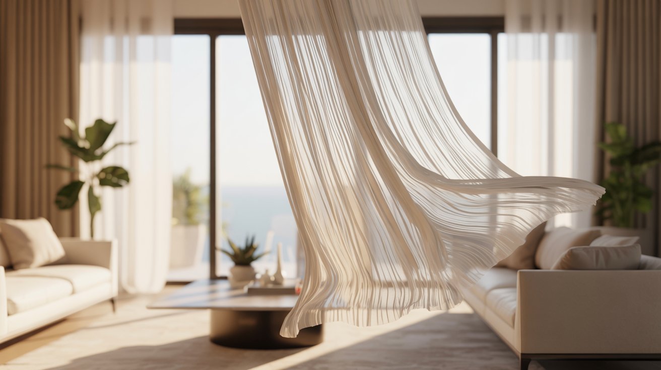 "Bright living room with soft sheer curtains allowing natural light while maintaining daytime privacy."