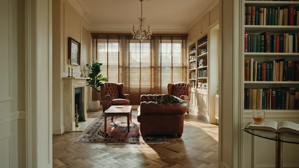 Wood blinds in a traditional living room