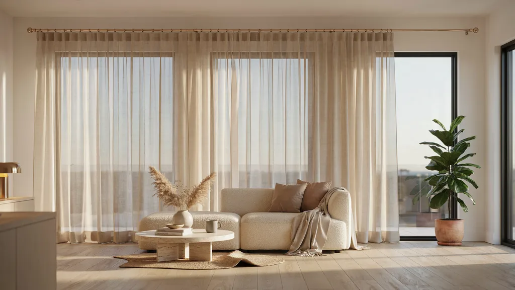 One continuous curtain rod with wide curtains covering triple windows.