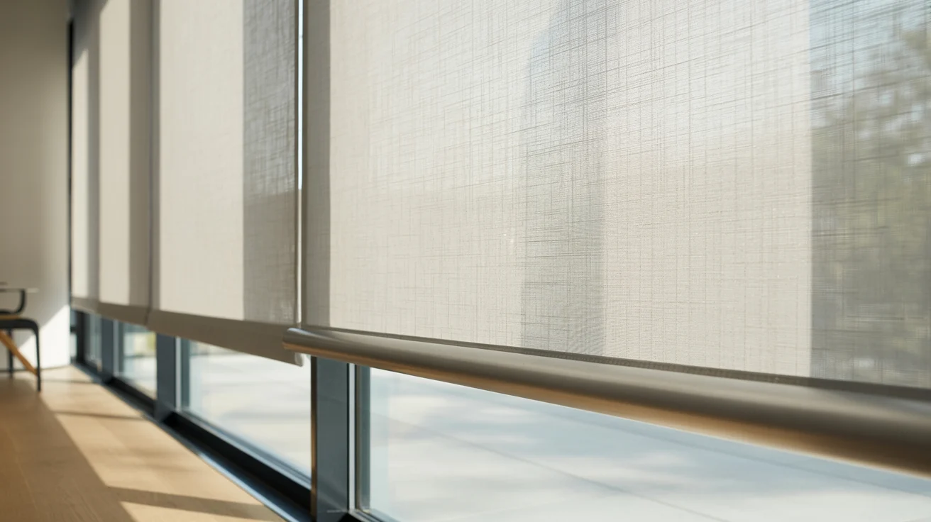 "Partially lowered roller blind with a smooth fabric shade demonstrating proper positioning and controlled adjustment."