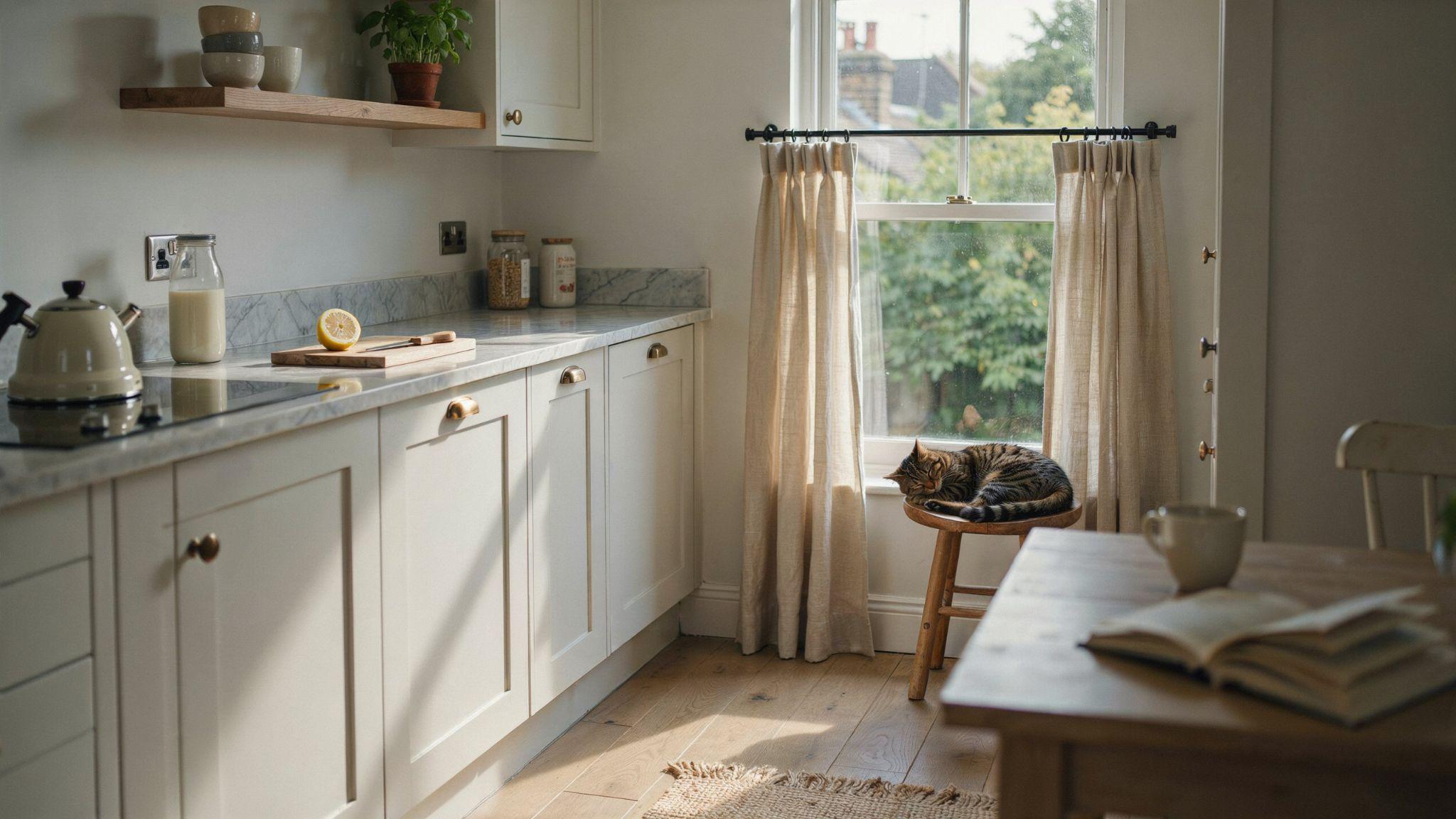 Cafe curtain rod in kitchen with half curtains allowing light while maintaining privacy style