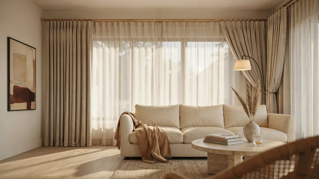 Luxury living room showcasing high-quality curtains and premium window treatments.