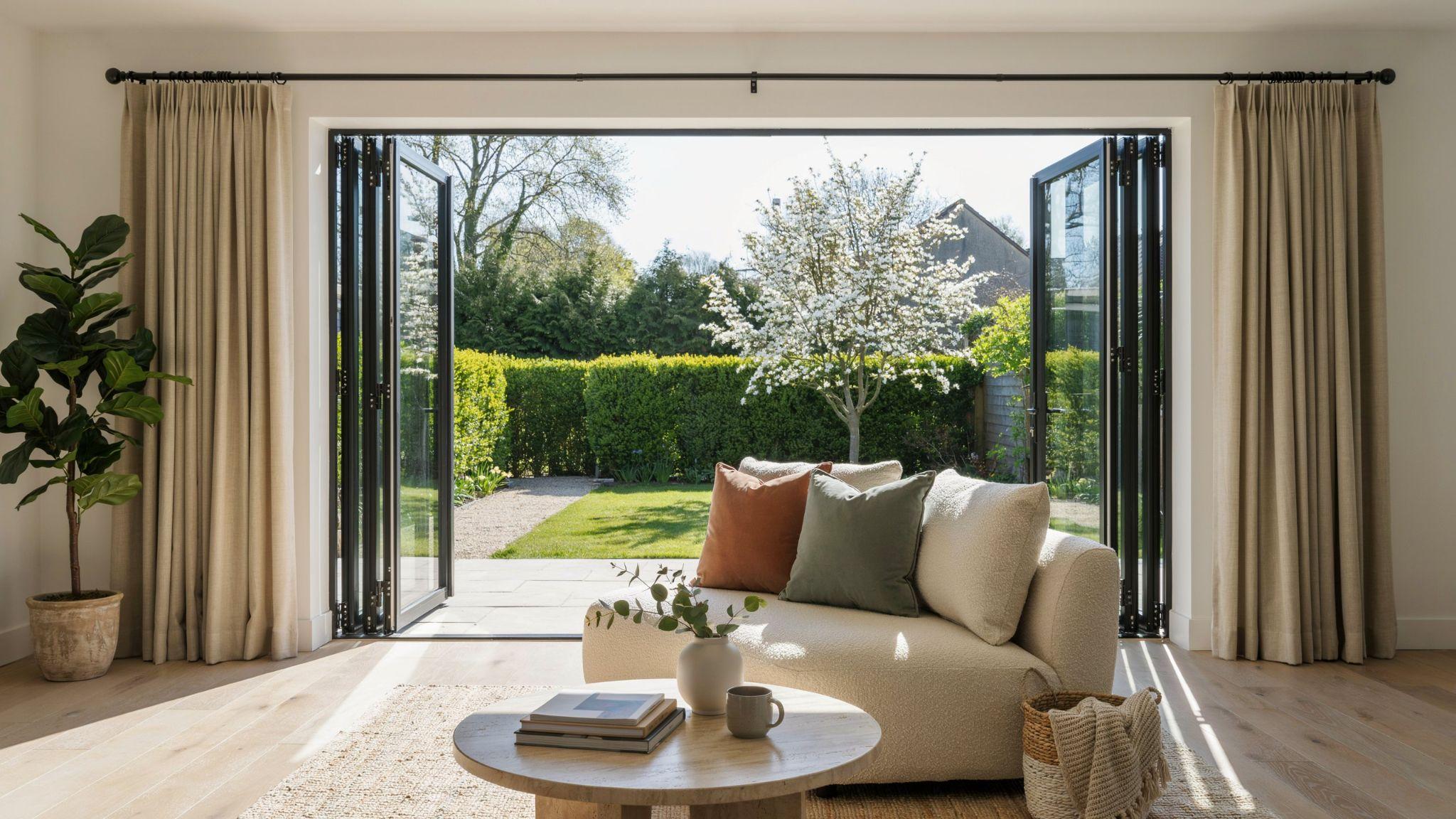 Sliding glass doors with extra-wide curtain rod and fully stacked curtains.