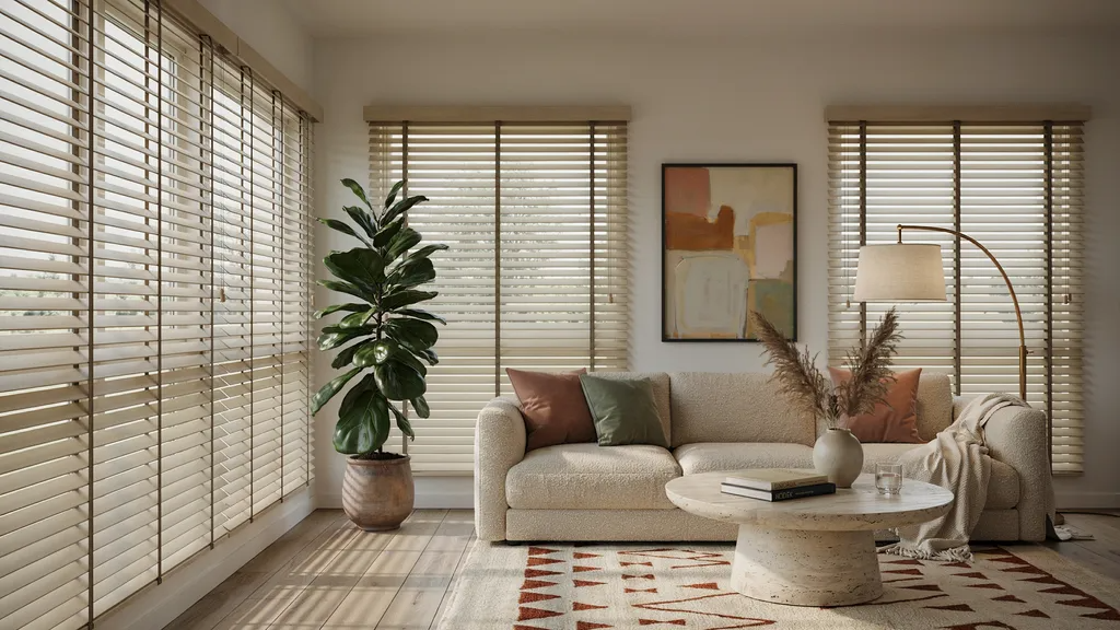 Venetian blinds controlling light in a living room