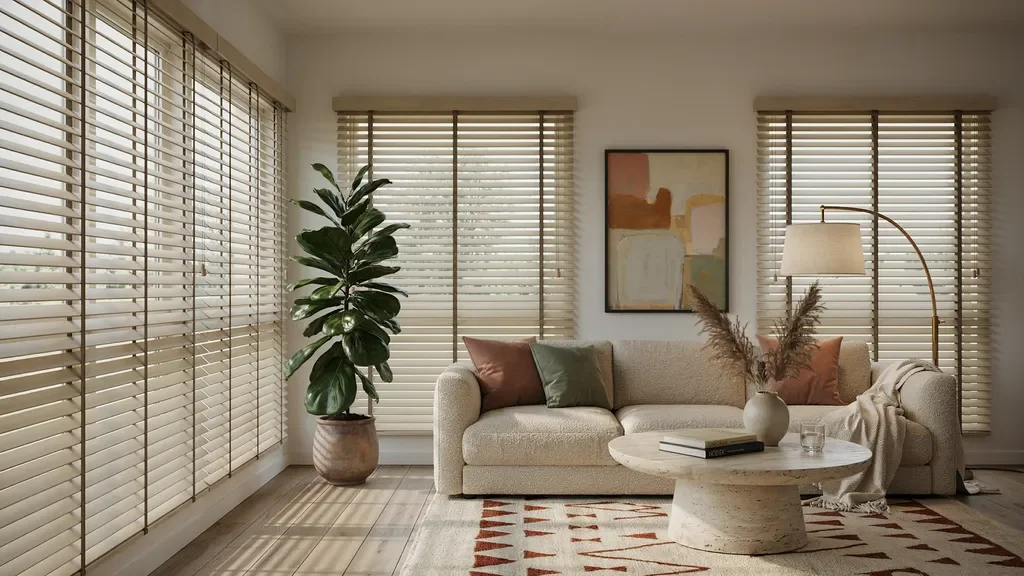 Venetian blinds controlling light in a living room