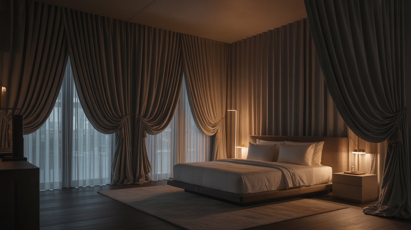 "Modern bedroom with thick blackout curtains blocking sunlight for better sleep and energy efficiency."