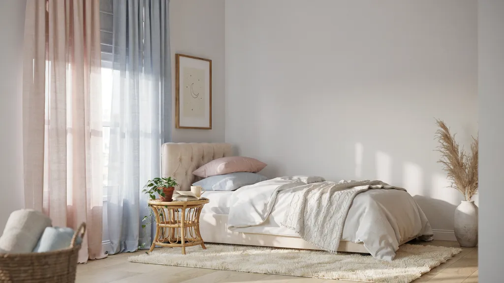 Pastel curtains with fabric blinds in a soft calming bedroom