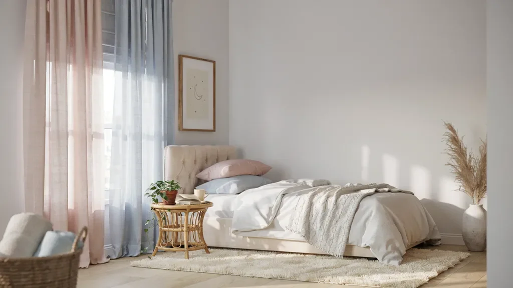 Pastel curtains with fabric blinds in a soft calming bedroom