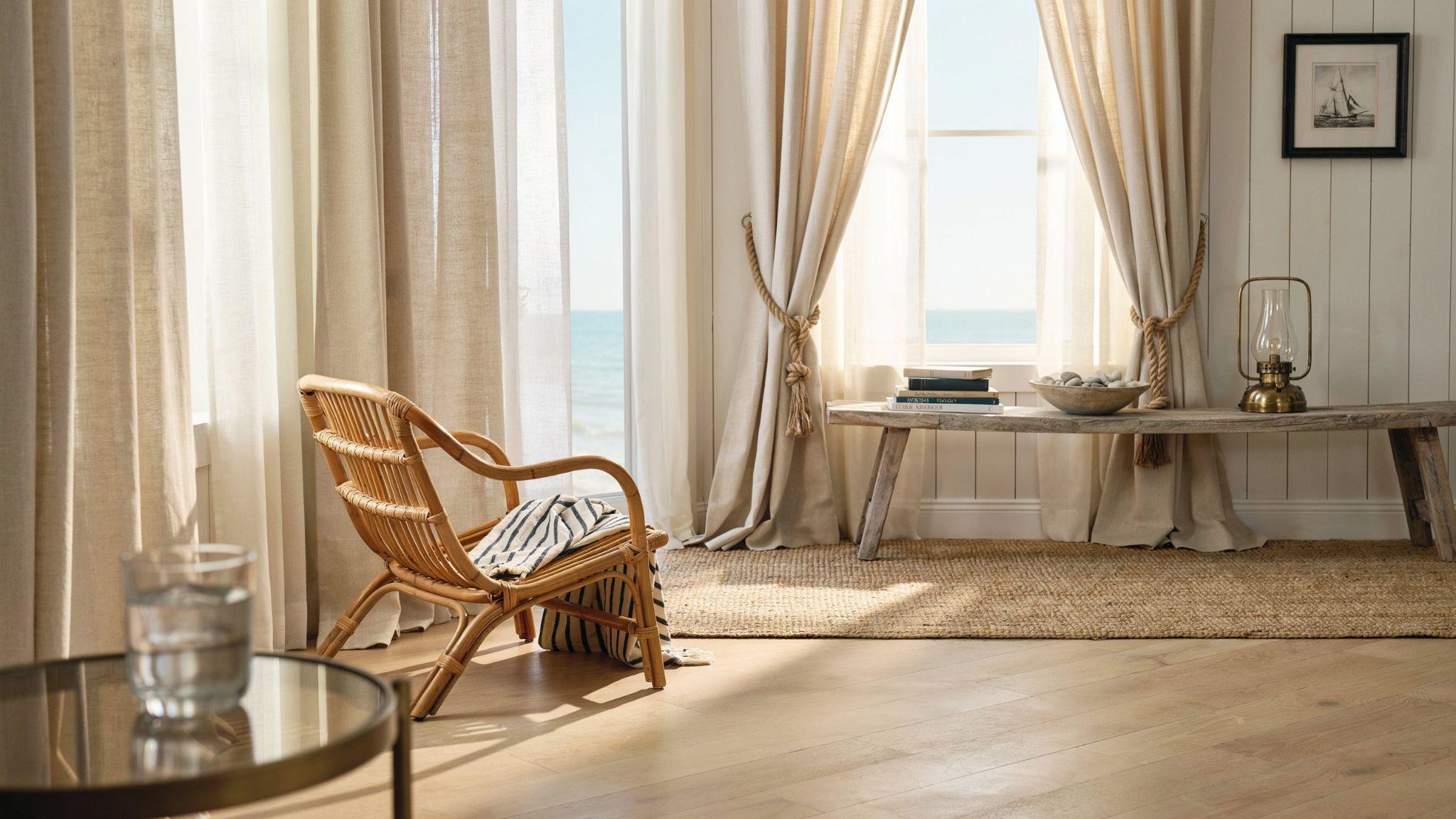 Light curtains in a coastal-style room secured with thick nautical rope DIY tie backs featuring large knots and tassels.