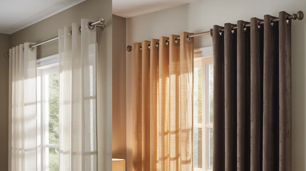 Comparison of curtain rod sizes matched to lightweight, medium, and heavy curtains showing how weight determines the correct rod choice.