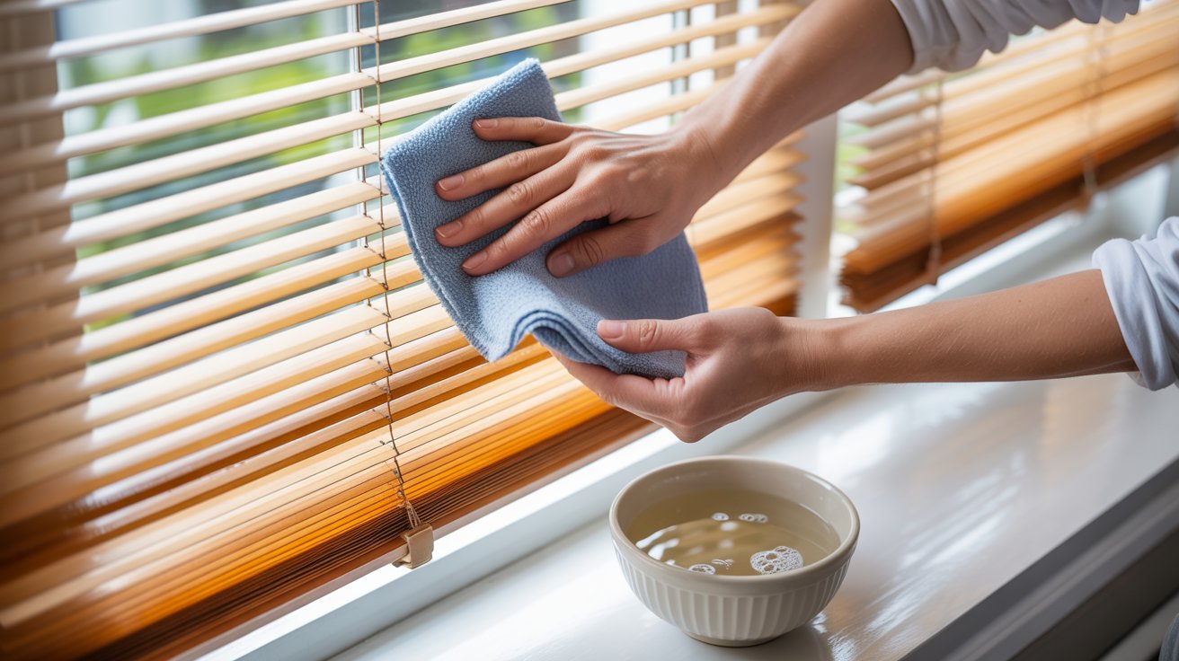 Spot cleaning stain on honeycomb blinds using damp cloth and mild soap