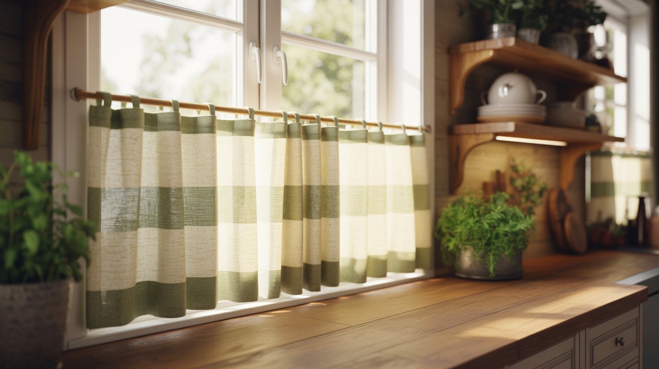 "Bright kitchen with cafe curtains covering the lower half of the window for privacy while letting in natural light."