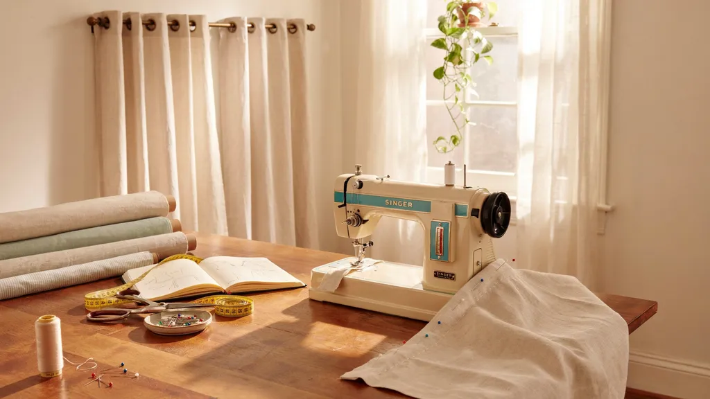 Sewing custom curtains at home using fabric, measuring tools, and a sewing machine near a window.