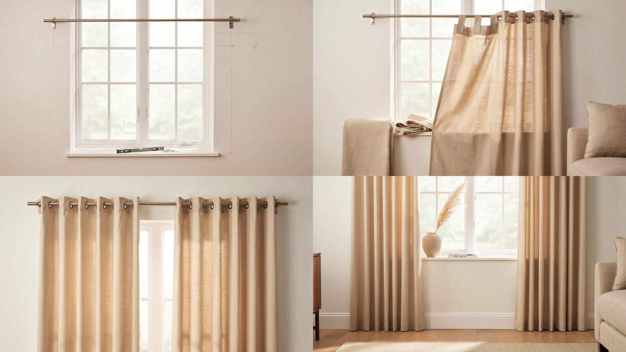 Step-by-step installation of back tab curtains showing rod setup, hanging, and pleat adjustment