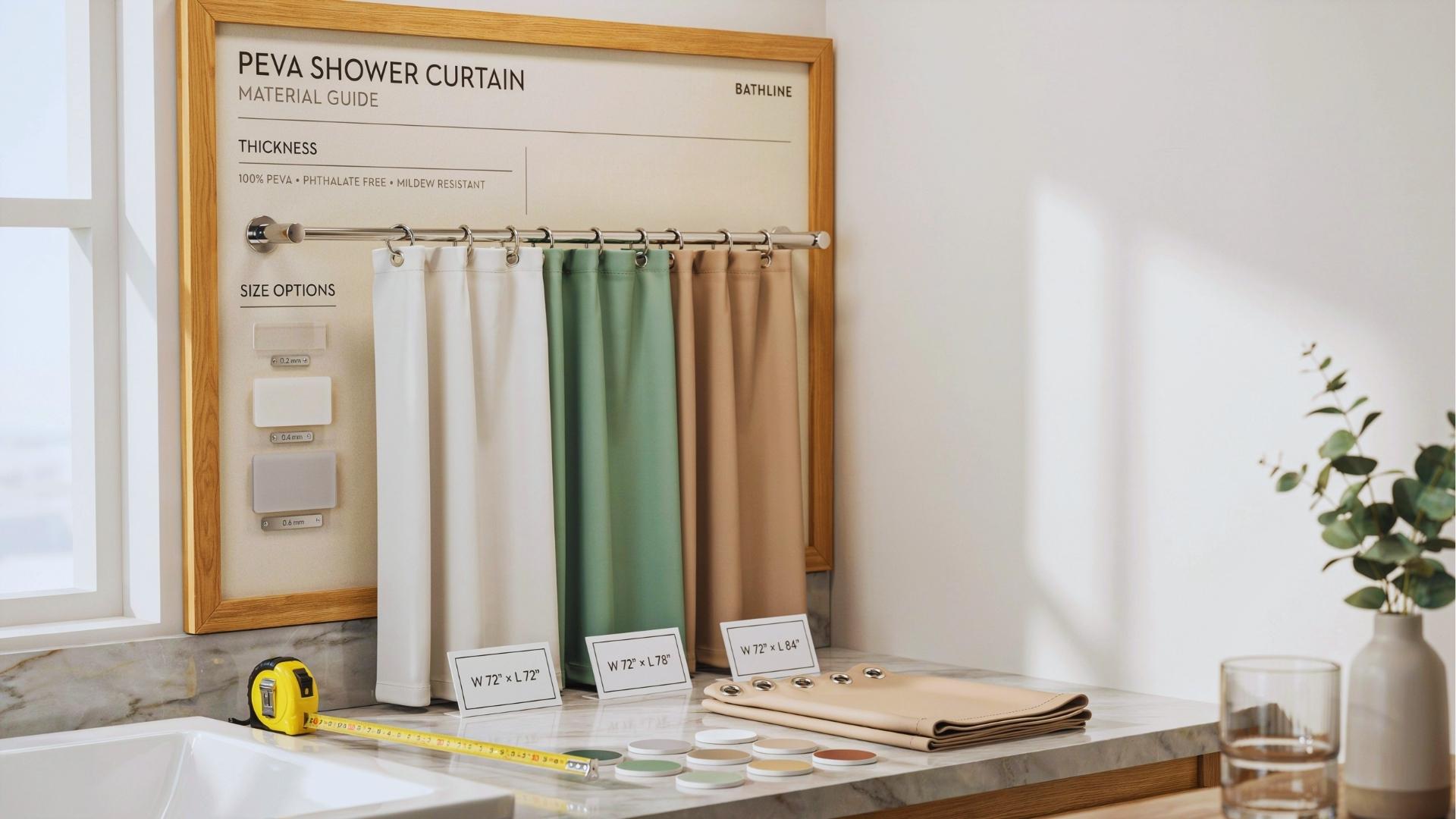 bathroom product selection scene showing PEVA shower curtain options with size thickness and design comparison setup.